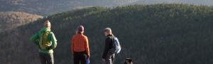 Three hikers and two dogs atop a lookout drink in the beautiful wooded rolling hills of Mad River Valley Vermont